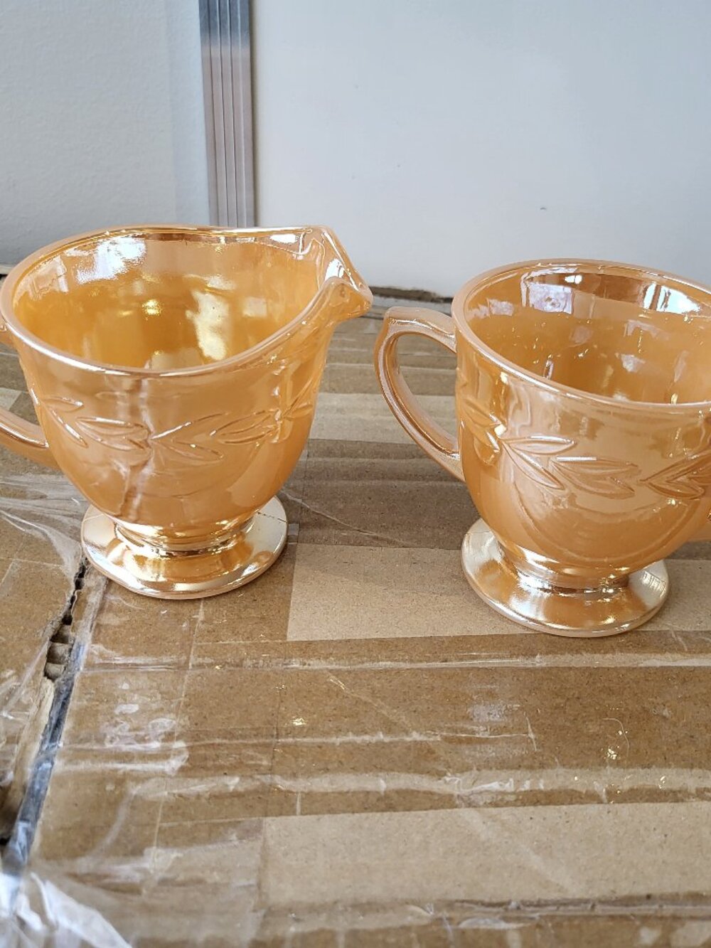 Vintage Fire King Oven Ware Peach Luster Laurel Leaf Cream and Sugar Bowl Set